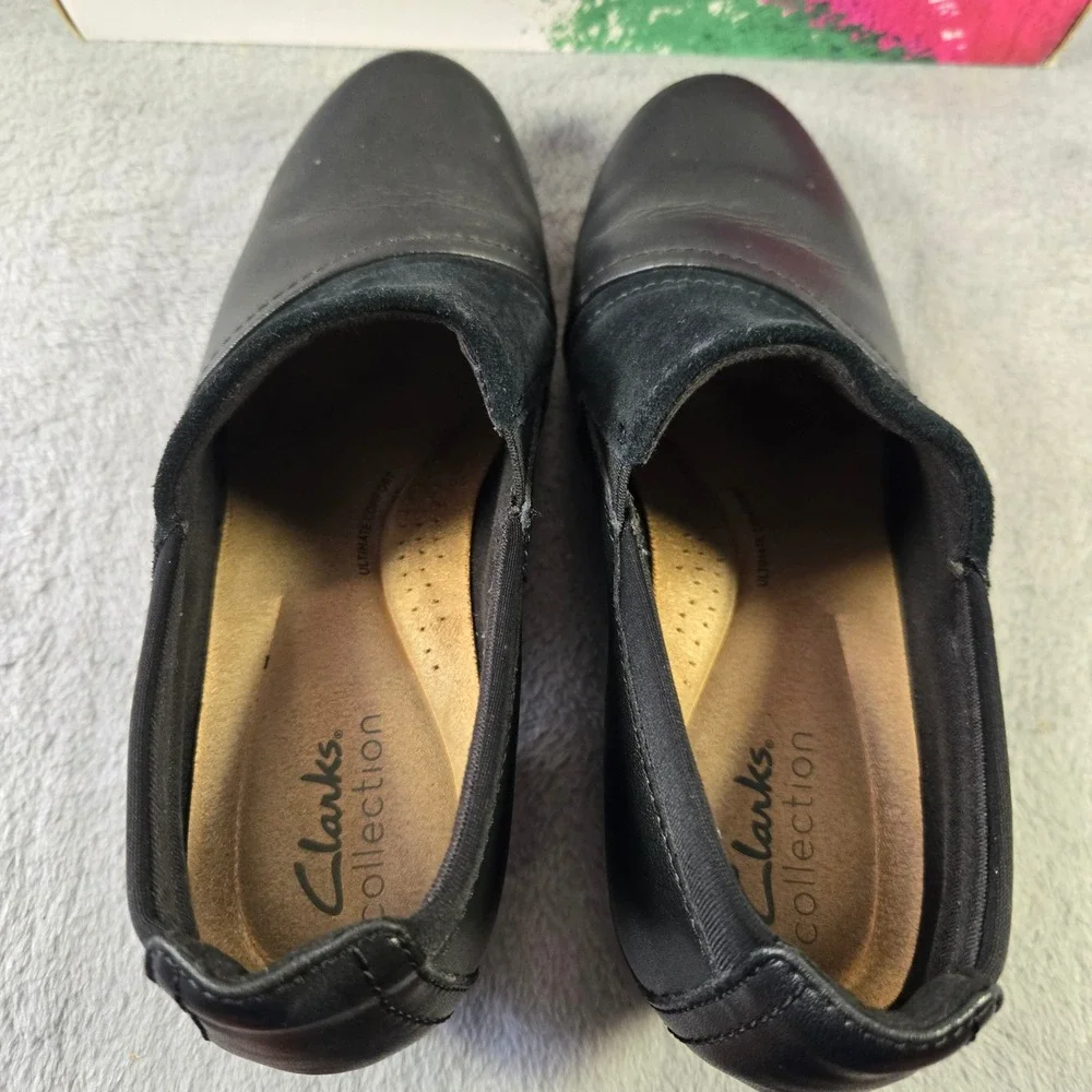 Clarks Collection Adriel Viola Black Leather Suede Block Heel Pumps 6.5 M